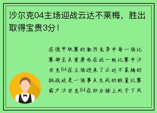 沙尔克04主场迎战云达不莱梅，胜出取得宝贵3分！