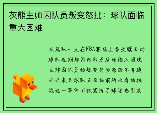 灰熊主帅因队员叛变怒批：球队面临重大困难