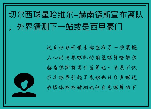 切尔西球星哈维尔-赫南德斯宣布离队，外界猜测下一站或是西甲豪门